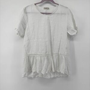 Terzo Millennio White 100% Linen Eyelet Lace Ruffle Hem Top Made in Italy L